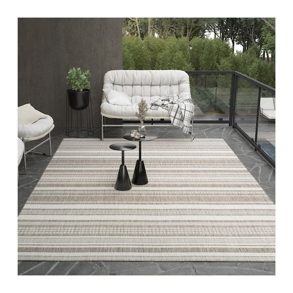 Recife Gazebo Stripe Ivory-Taupe 9 ft. x 12 ft. Indoor/Outdoor Area Rug
