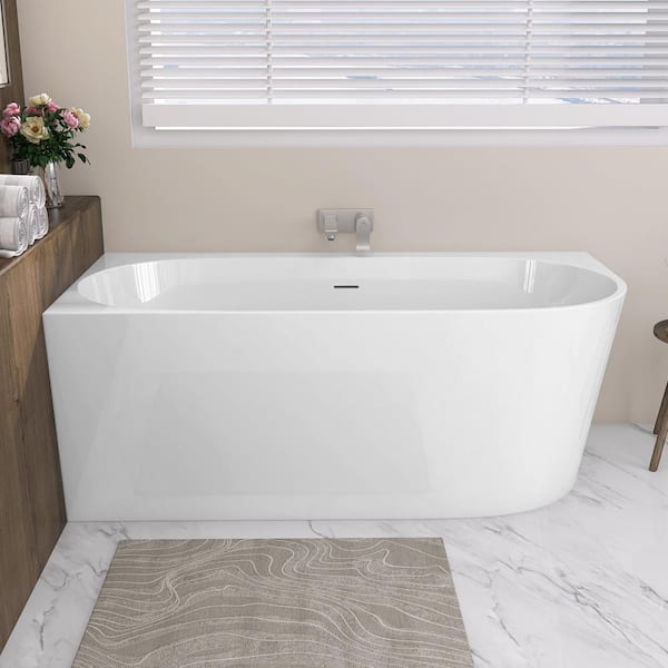 Getpro 59 in. x 29.53 in. Acrylic Soaking Bathtub with Center Chrome Drain & Overflow Left Corner Flat Bottom Bathtub in White
