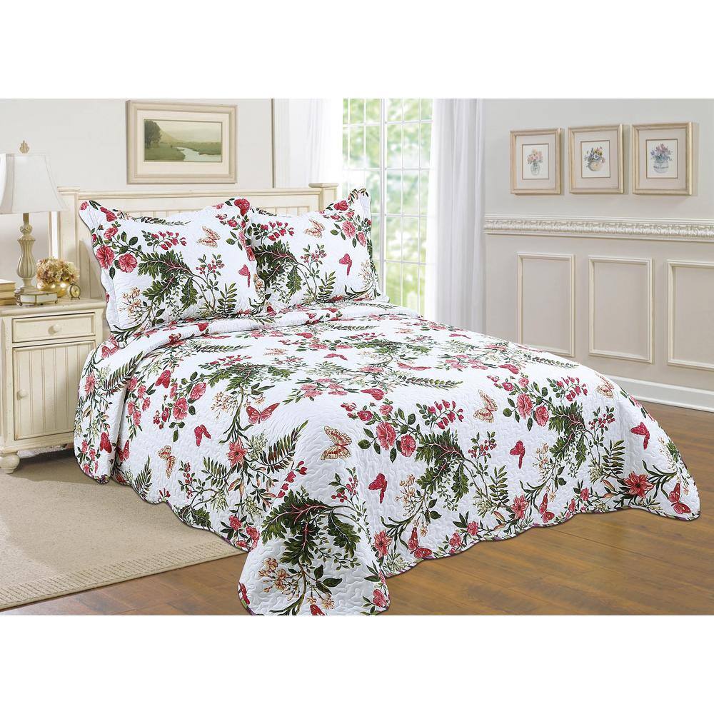 Floral Cotton Blend Reversible King Quilt Set in White and Green