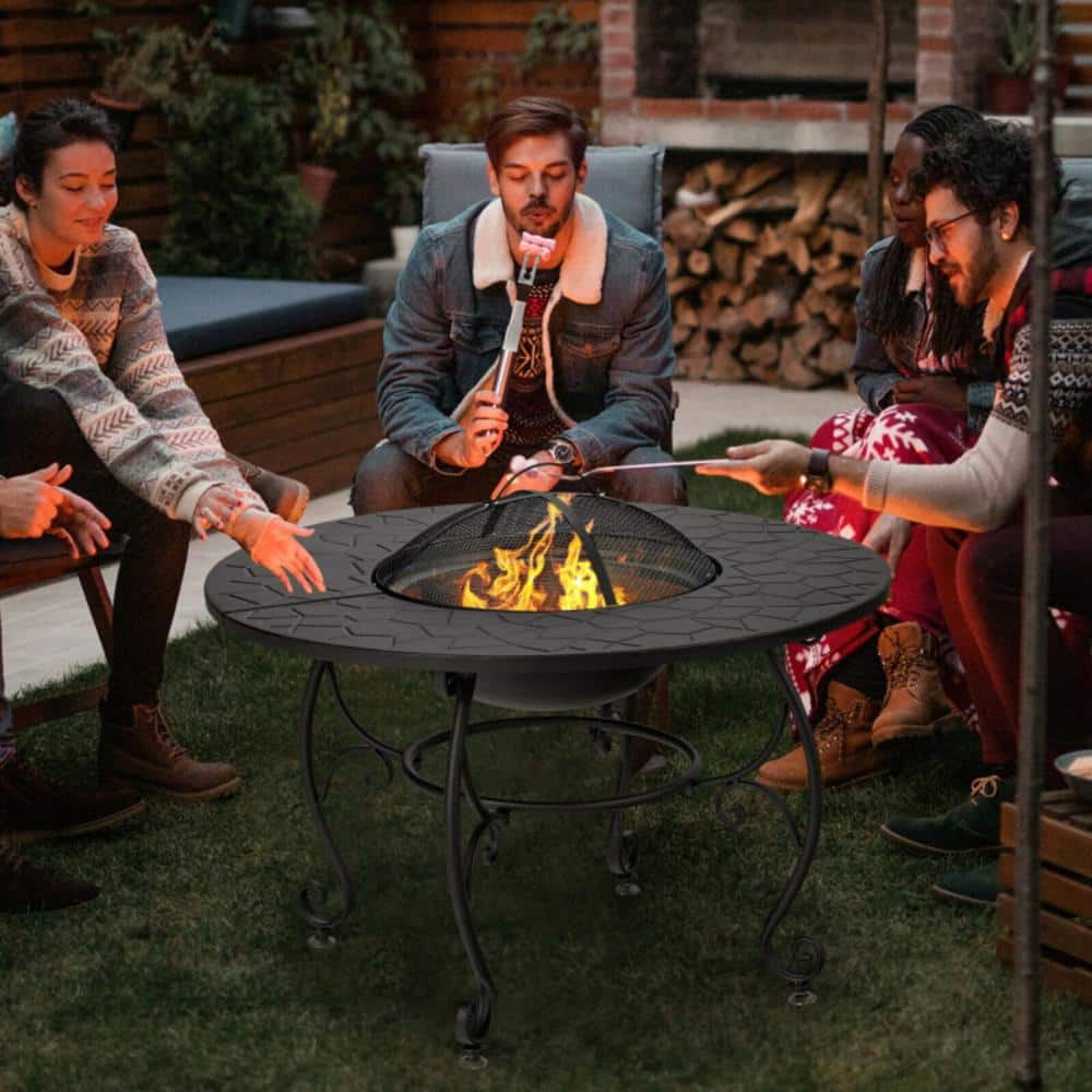 Black Steel Round Fire Pit Table with Cooking Grate