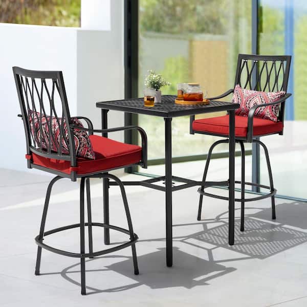 Black 3-Piece Metal Outdoor Bistro Swivel Bar Set with Red Cushions and Umbrella Hole, Square-to-Round Footrest Design