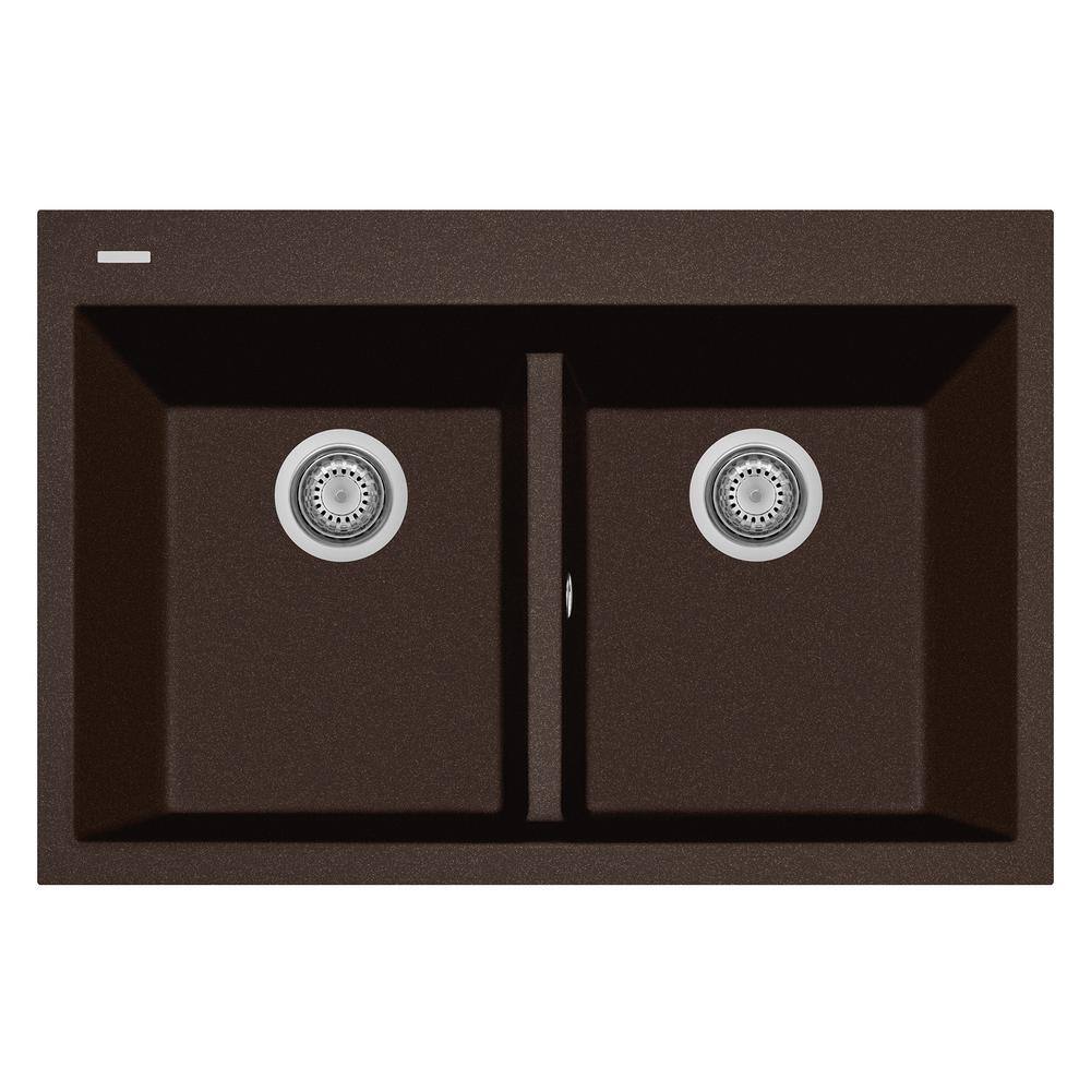 33" Brown Quartz Double Bowl Drop-In Kitchen Sink