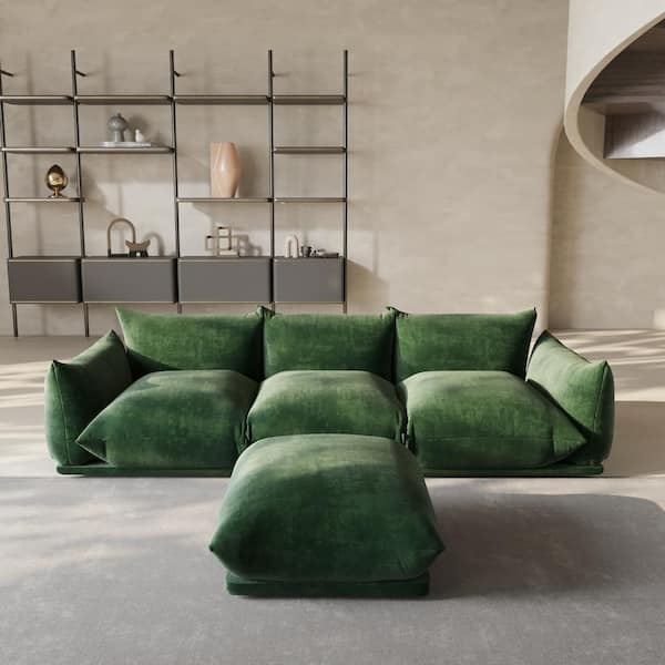 Comfy 104 in. Flared Arm Breathable Chenille Modular Sofa Oversized Lawson Floor Couch 3 Seater with Ottoman in. Green