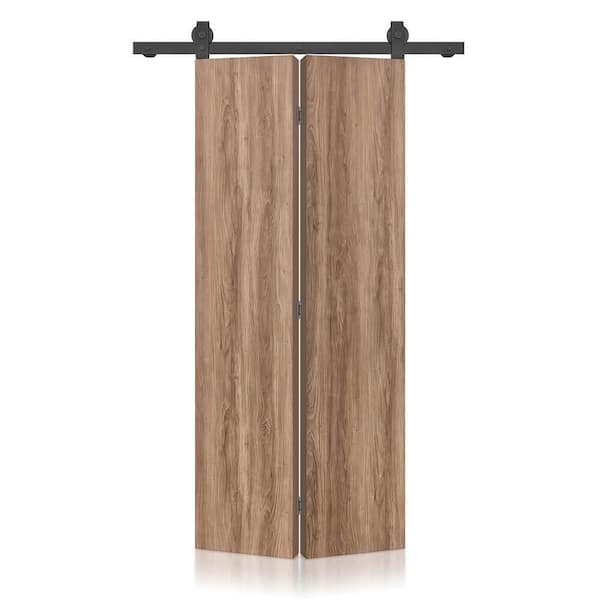 34 in. x 86 in. Hollow Core Walnut Composite Textured Bi-fold Door with Sliding Barn Door Hardware Kit