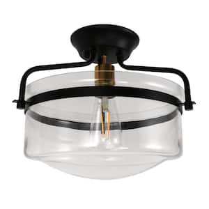 Industrial 12 in. 1-Light Black Semi-Flush Mount with Clear Glass Shade and No Bulb Included (1-Pack)