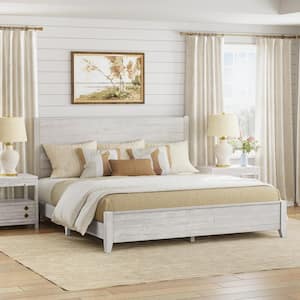 Echo 76 in. W Rustic White Solid Wood Frame King Size Platform Bed Frame with Wooden Headboard Rustic Bed Frame