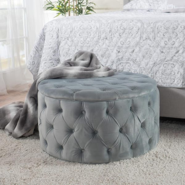 CHRISTOPHER KNIGHT HOME Light Gray Button Tufted Velvet Round Accent 29.5 in. Ottoman, No Assembly Required
