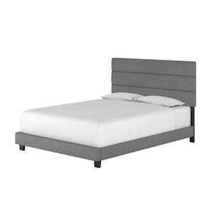 Sicily Upholstered Linen Tri Panel Platform Bed Frame with Headboard, Queen, Gray