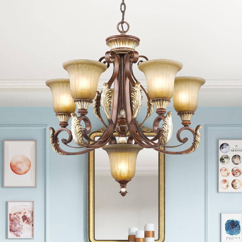 Villa Verona 5-Light Chandelier in Bronze with Aged Gold Leaf Accents