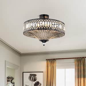 19.6 in. 6-Light Black Drum Semi-Flush Mount Ceiling Light with Crystal Accents