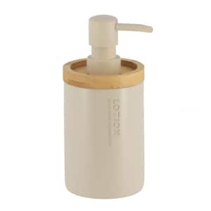 Willis Freestanding Elegant Soap Dispenser Polyresin and Bamboo Design Refillable Liquid Pump Beige