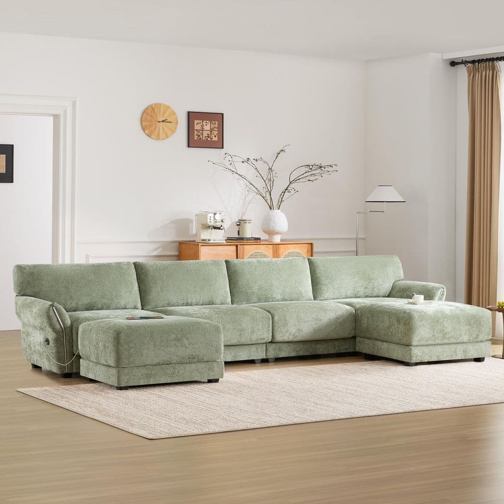 Extra-Wide Chenille 6-Seat L-Shape Modular Sectional Sofa in Green with USB