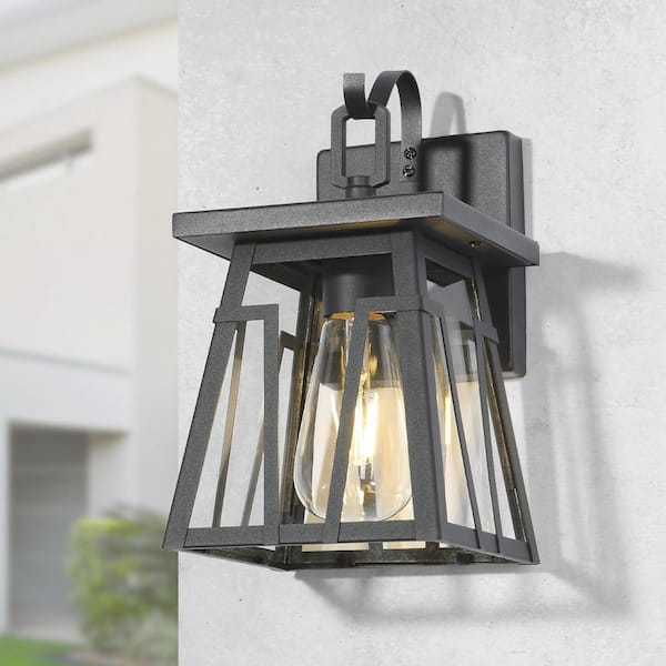 Uolfin Craftsman Cage Outdoor Porch Wall Sconce 1-Light Industrial Black Rectangle Wall Light with Clear Glass Shade