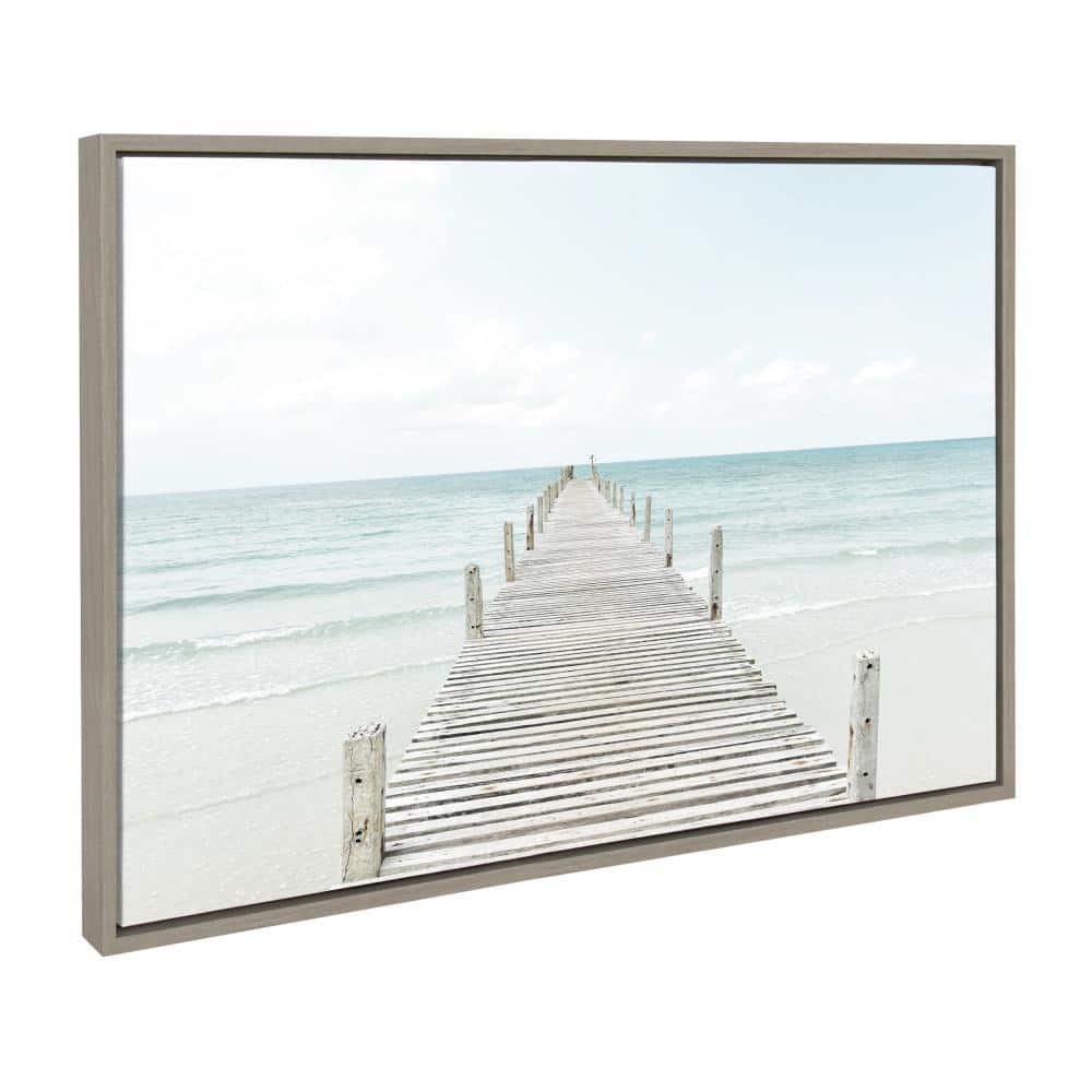 Tranquil Wooden Pier Coastal Canvas Print in Gray Frame