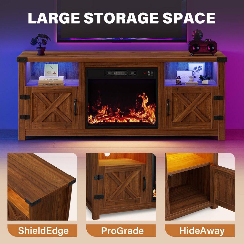 Walnut TV stand showing storage features: LED shelves, barn doors, and a reinforced edge.