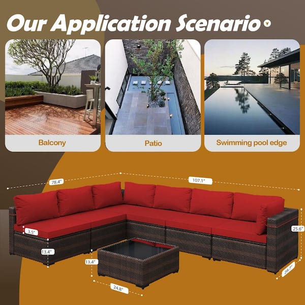 7-Piece Wicker Outdoor Patio Conversation Sectional Seating Set with Red Cushions
