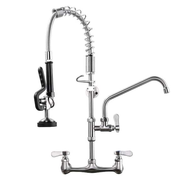 WOWOW Wall Mount Triple Handle Pull Down Sprayer Kitchen Faucet with Pre-Rinse Sprayer with Advanced Spray in Brushed Nickel