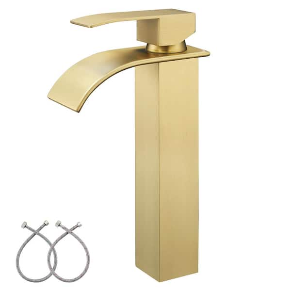 GAGALIFE Waterfall Single Hole Single Handle Tall Bathroom Vessel Sink Faucet with Supply Lines in Brushed Gold