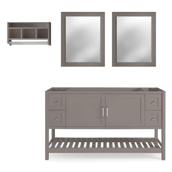 Alaterre Furniture Alaterre Furniture Bennet 3pc Bathroom Vanity Set with 60"L Vanity, 30"L Mirror and 25"W Wall Shelf W/2 Towel Rods, Gray