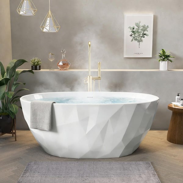 67 in. x 31.5 in. Freestanding Acrylic Soaking Bathtub with Center Chrome Drain in White Modern Design Geometric Tub