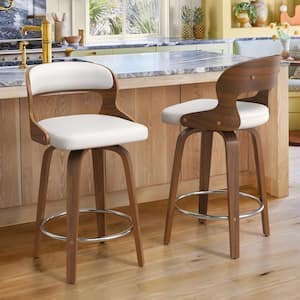 Edwards 26 in.Modern White Faux Leather Swivel Bar Stool with Solid Walnut Wood Frame Bentwood Counter Stool Set of 2