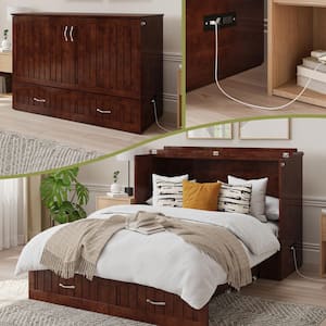 Southampton Full Walnut Murphy Bed Chest with Memory Foam Folding Mattress Built-in Charging Station and Storage Drawer