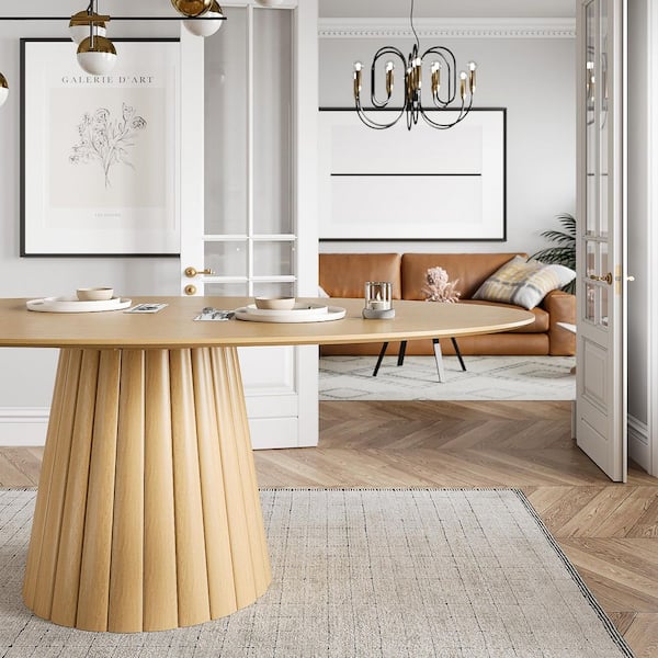 Modern Natural Solid Wood 67 in. Pedestal Dining Table Seats 6