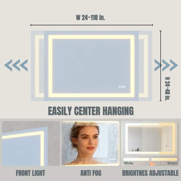 40 in. W x 32 in. H Rectangular Frameless LED Light Anti-Fog Wall Bathroom Vanity Mirror with Front Light