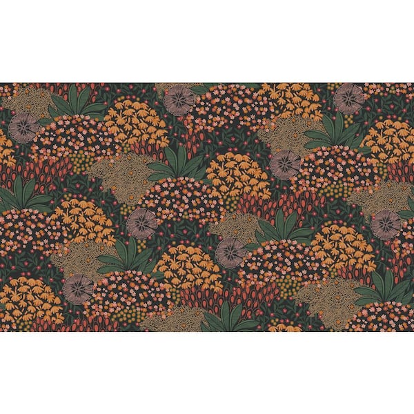 Unbranded Fusion Collection Forest Bloom Motif Orange/Green/Black Matte Finish Non-Pasted Vinyl on Non-woven Wallpaper Sample