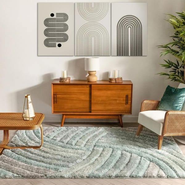 San Francisco Ucci Blue Modern Geometric Stripes 7 ft. 10 in. x 9 ft. 10 in. 3D Carved Shag Area Rug