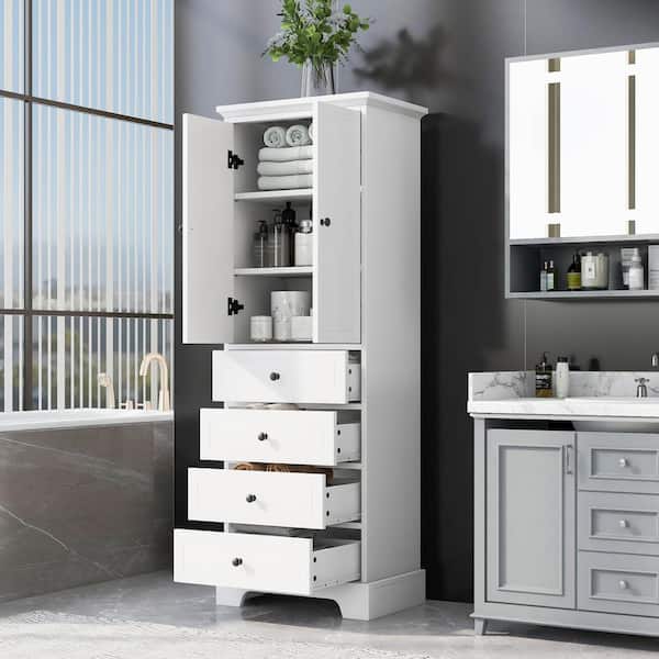 Zeus & Ruta 23.6 in. W x 15.7 in. D x 68.1 in. H White Wood Linen Cabinet Storage Cabinet with 2 Doors 4 Drawers Adjustable Shelf