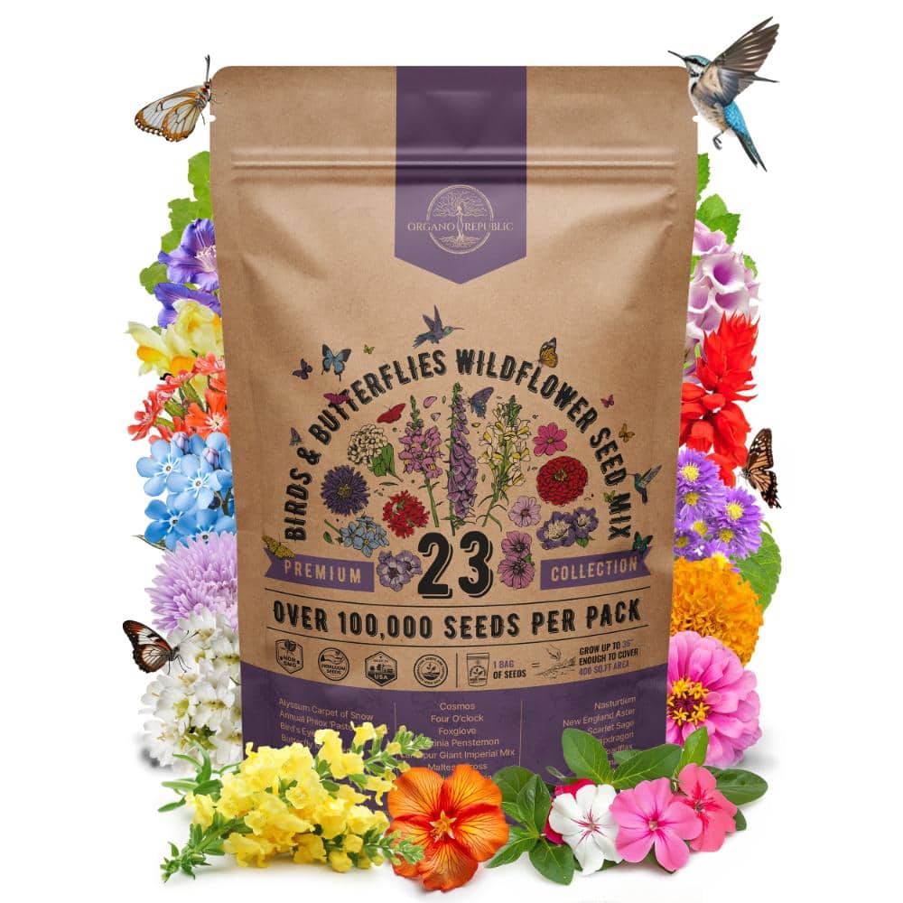 Organo Republic 23 Wildflower Seeds Mix 100,000+ Non-GMO Heirloom Garden Seeds for Planting Flowers, Bulk 4oz Waterproof Packet