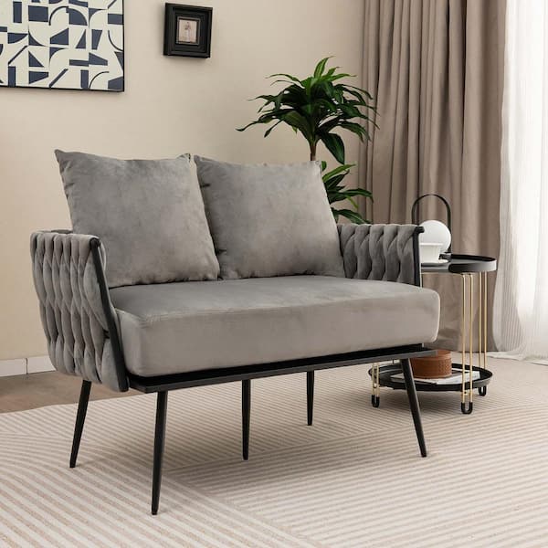 Modern 43 in. Straight Arms Upholstered Dutch Velvet Rectangle Couch Loveseat Sofa with Woven Back in. Gray