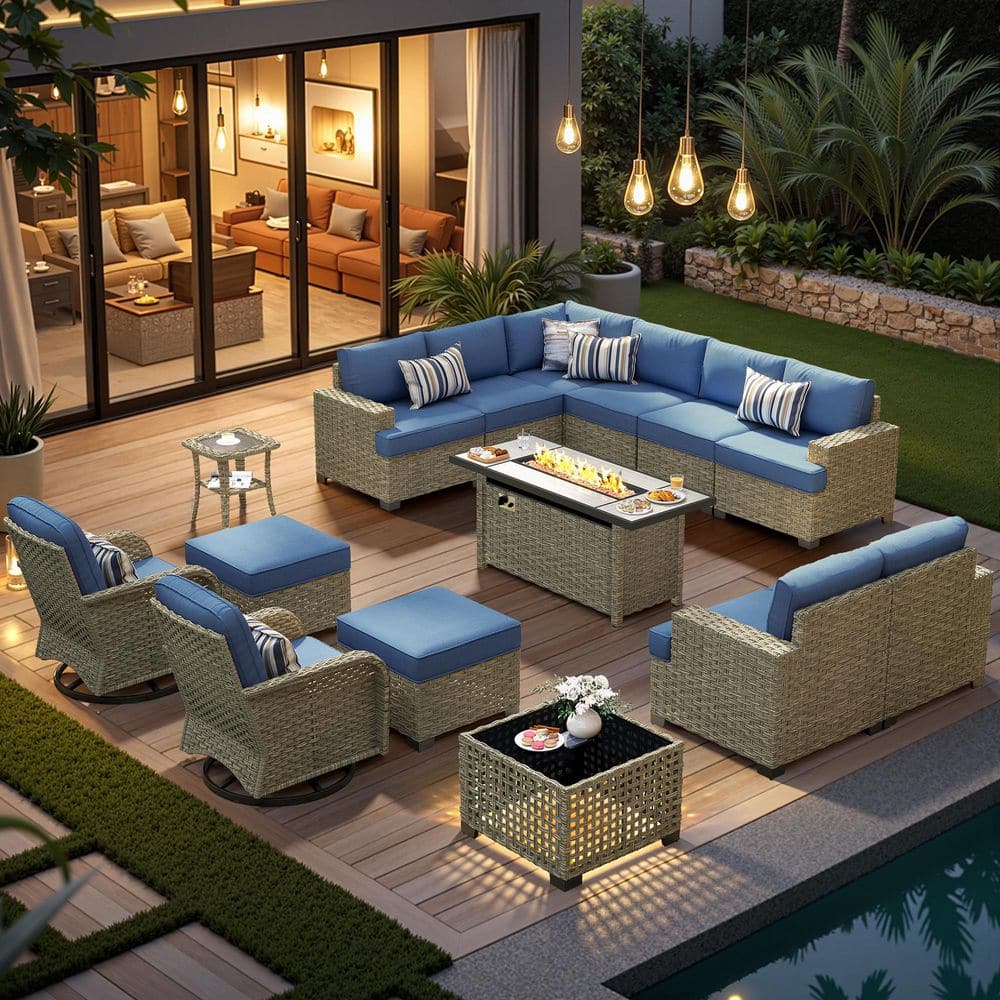 Sentinel 15-Pieces Wicker Outdoor Patio 54 in. Rectangular Fire Pit Set Swivel Rocking Chairs with Denim Blue Cushions price history on PriceWatchPro