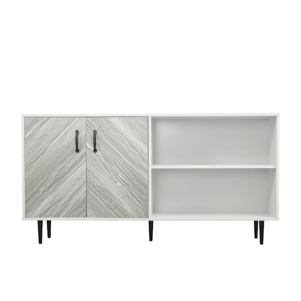 URTR Modern White Wood Sideboard Storage Cabinet with 2 Doors and 3 Open Shelves for Entryway, Living Room and Office