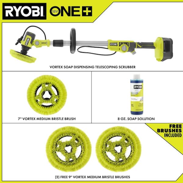 ONE+ 18V Cordless Soap Dispensing Scrubber (Tool Only) with (2) 9 in. VORTEX Medium Bristle Brushes