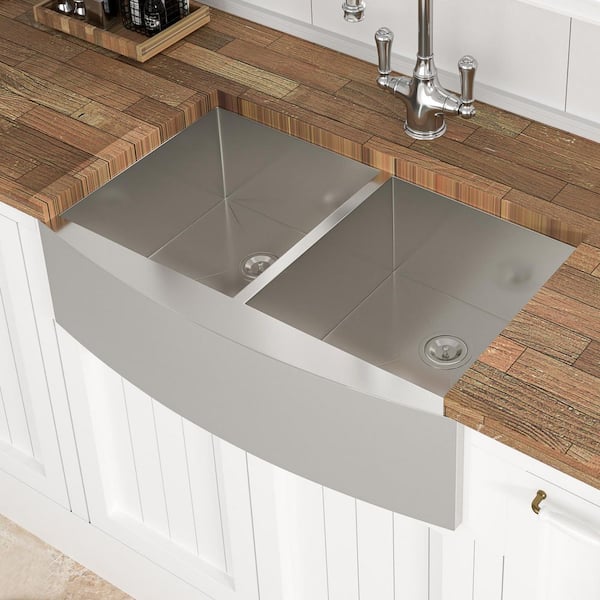 stufurhome 36 in. Farmhourse Double Bowl 16 Gauge Brushed Nickel ...