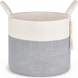 Grey and White Woven Storage Basket Decorative Rope Basket with Handles