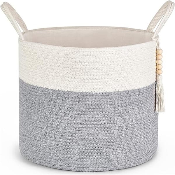 Unbranded Grey and White Woven Storage Basket Decorative Rope Basket with Handles