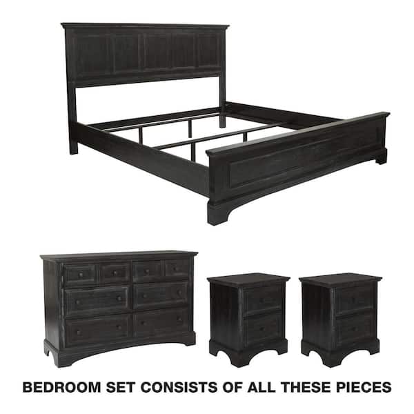 OSP Home Furnishings Farmhouse Basics King Bedroom Set with 2-Nightstands and 1-Dresser in Rustic Black (7-Pieces)