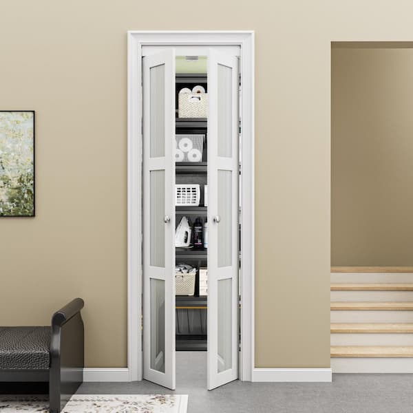 24 in. x 80 in. 3-Lite Frosted Glass Solid Core White Finished (Pivot French) Bi-fold Door with Pivot Hardware