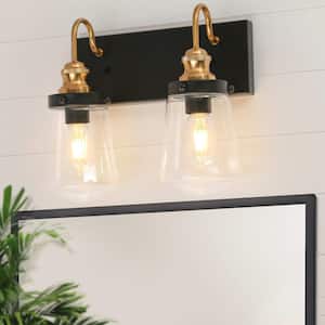 Modern Industrial Bathroom Wall Sconce 2-Light Black and Gold Transitional Bell Vanity Light with Clear Glass Shades
