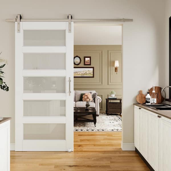 ARK DESIGN 36 in. W. x 80 in. 5-Lite Tempered Frosted Glass White Finished MDF Sliding Barn Door with Hardware Kit Nickel Plated