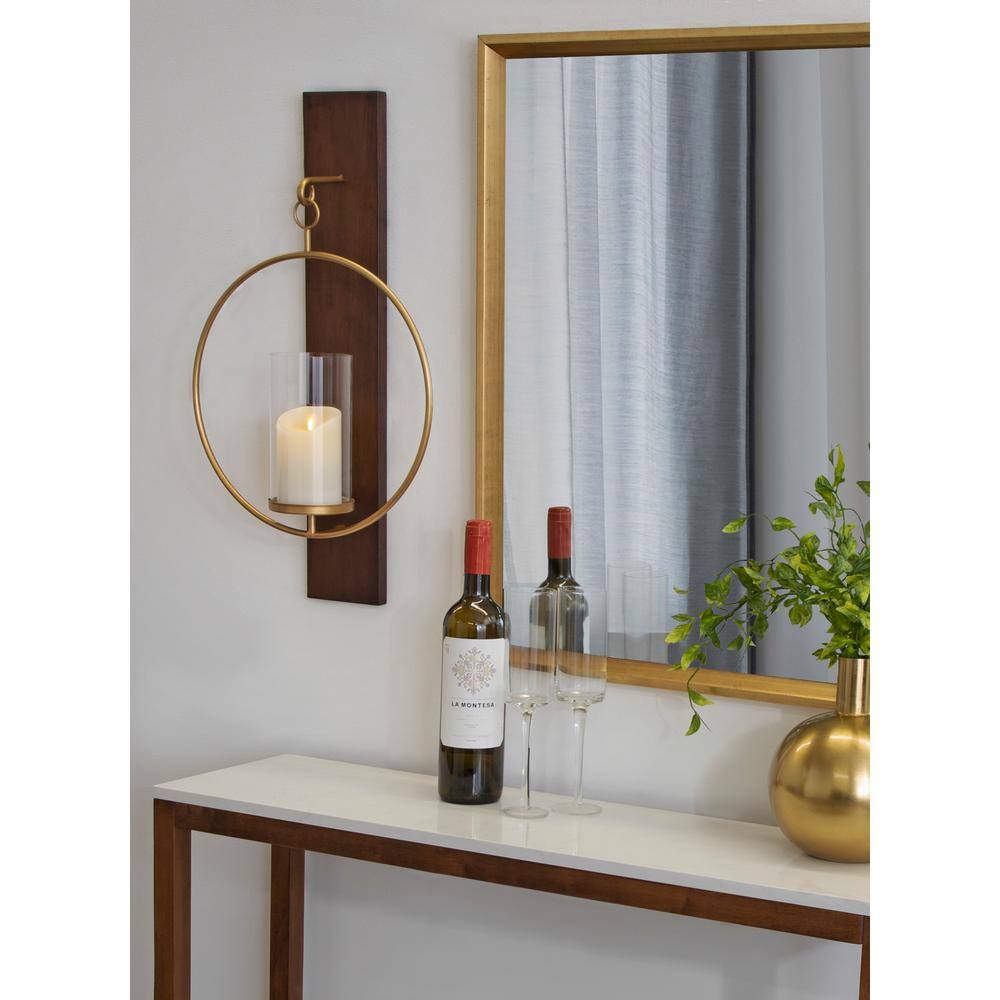 Maxfield 23.8" Rustic Walnut Wood & Gold Metal Wall Sconce