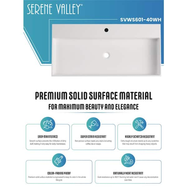 Serene Valley SVWS605-40WH 40 in. Wall-Mount or Countertop Bathroom Hidden Drain Sink with Single Faucet Holes Sink Finish: White