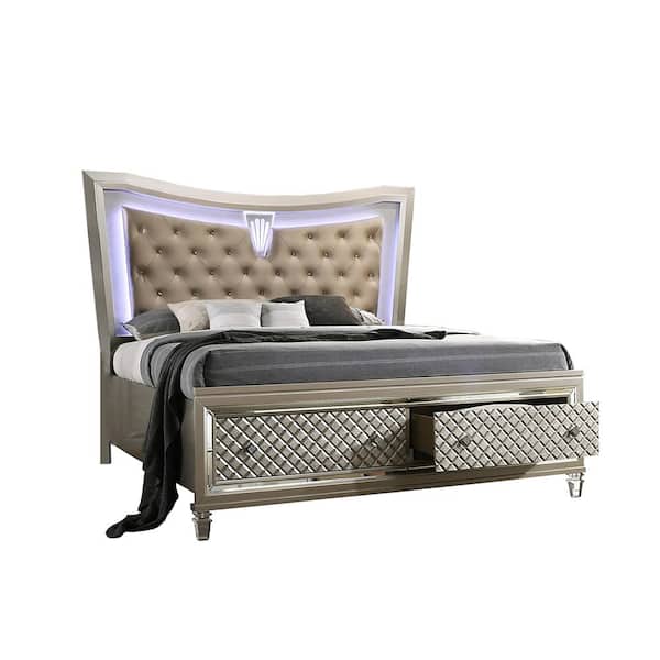 Best Quality Furniture Venetian Beige Solid Wood Frame Queen Platform Bed with Storage
