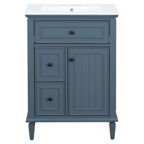 24 in. Blue Gray Wood Rectangle Vessel Sink Bathroom Vanity Combo with One Flip Drawer and Two Drawers