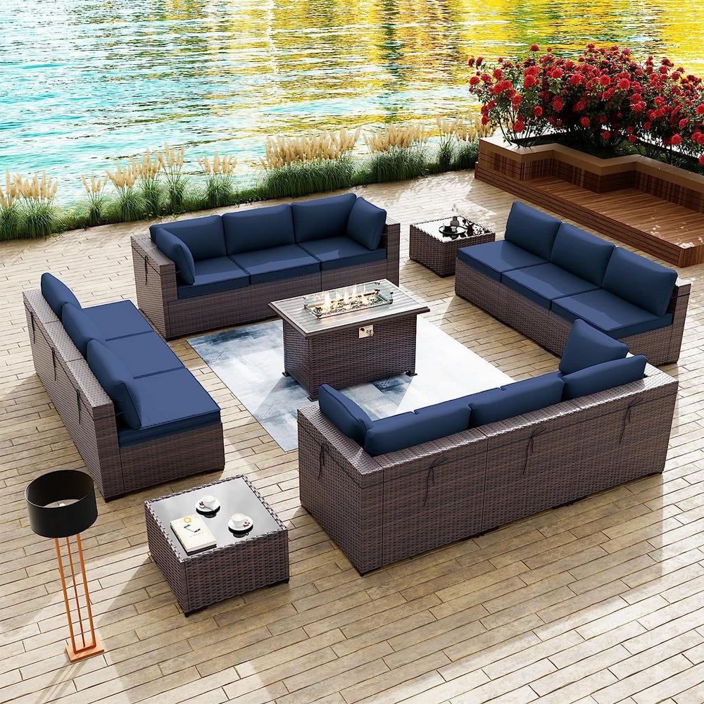 15-Piece Wicker Patio Conversation Set with 55000 BTU Gas Fire Pit Table and Glass Coffee Table and Navy Cushions price history on PriceWatchPro