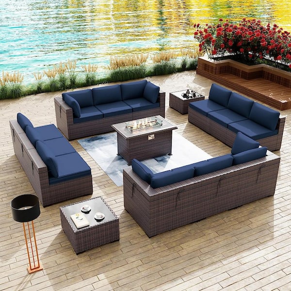 Halmuz 15-Piece Wicker Patio Conversation Set with 55000 BTU Gas Fire Pit Table and Glass Coffee Table and Navy Cushions