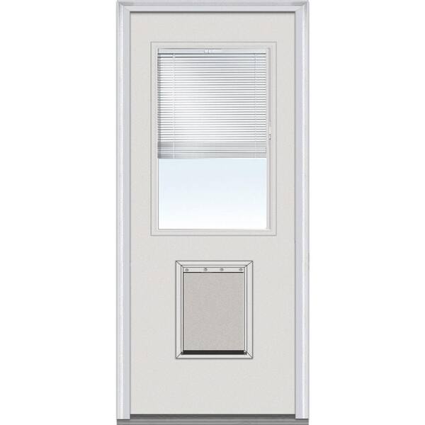 Milliken Millwork 32 in. x 80 in. Internal Mini Blinds Clear Glass 1/2 Lite Primed Builder's Choice Steel Prehung Front Door w/Pet Door